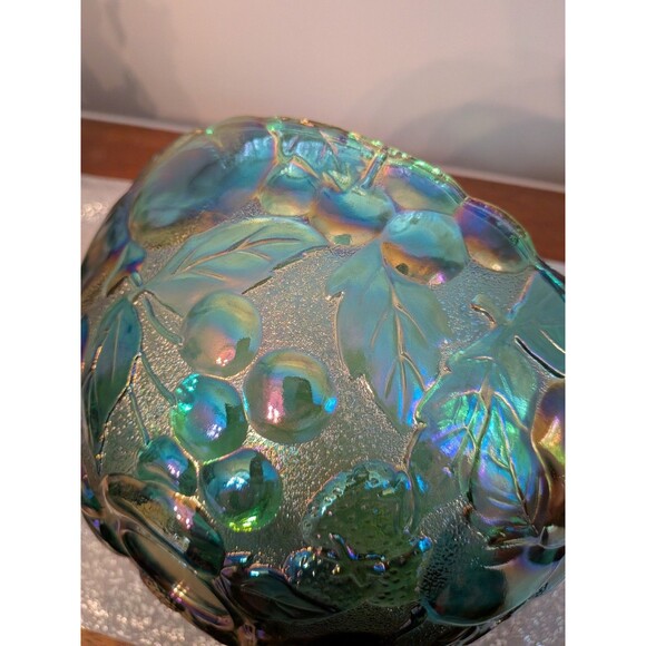 Indiana Carnival Glass Madeira Round Raised Fruit/Punch Bowl Iridescent Teal VTG - Picture 12 of 12